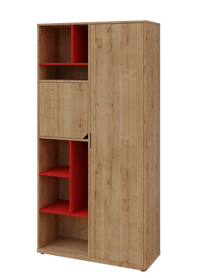 KSR6-83 P skříň šatní, 1x výsuvné ramínko, dvířka, niky, 2053x1022x400 mm, provedení pravé, korpus a dvířka dub lite/police červená